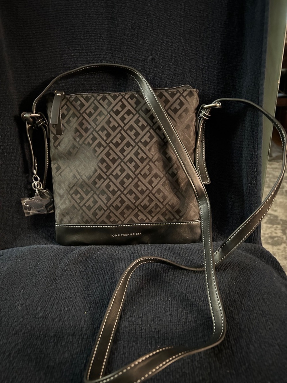 Tommy Hilfiger Black Monogram Messenger Bag with Leather Trim